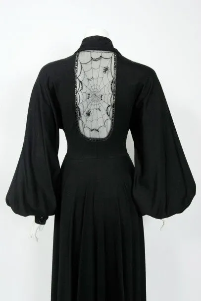 1973 Jean Varon Documented 'Cobweb' Spider Novelty Jersey Billow-Sleeve Dress