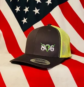 806 Charcoal Snapback Neon Green mesh (White 806 Neon Green  Skull )