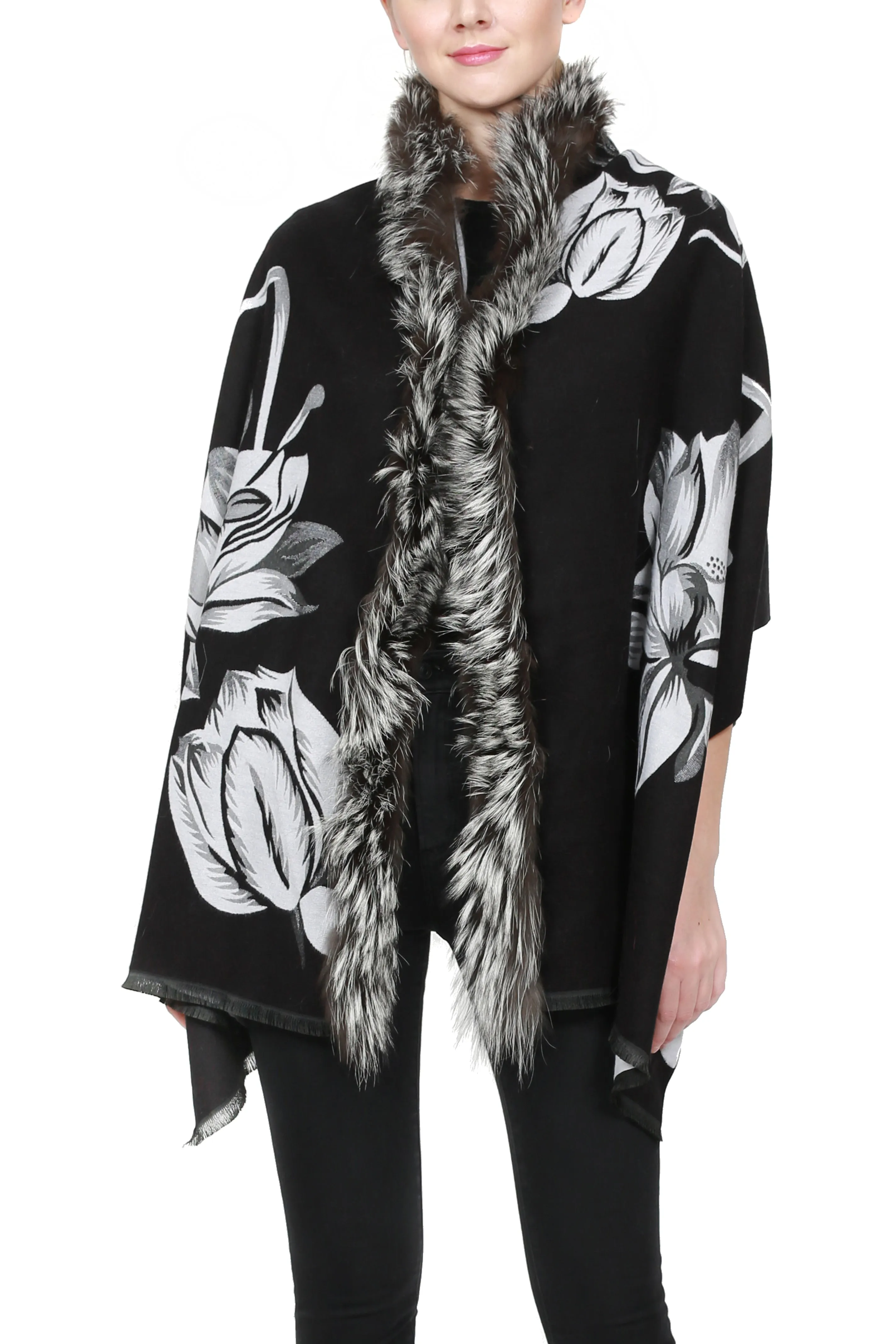 Luxurious Cashmere Wrap with Fur Trim - ADUR Printed Design