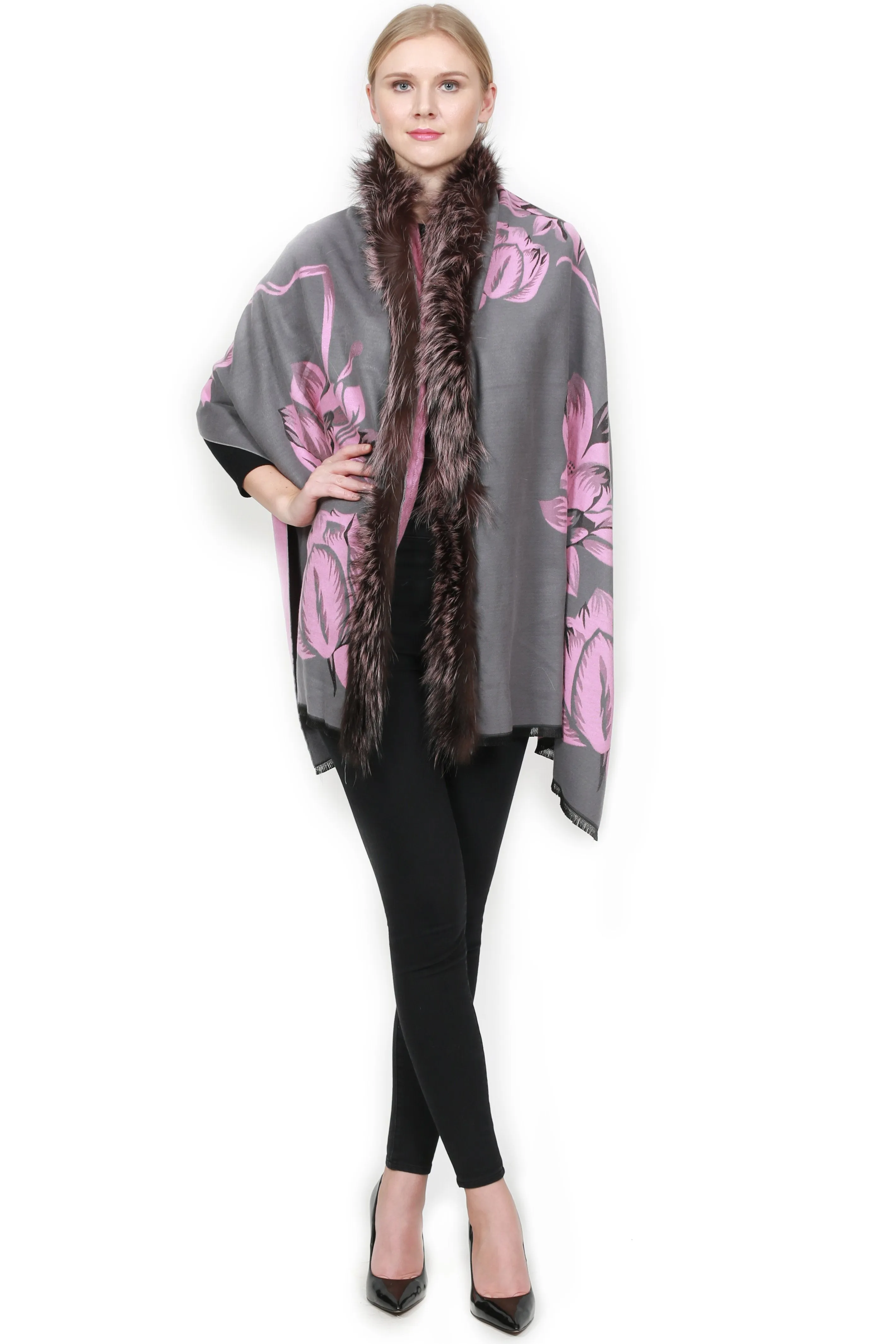 Luxurious Cashmere Wrap with Fur Trim - ADUR Printed Design