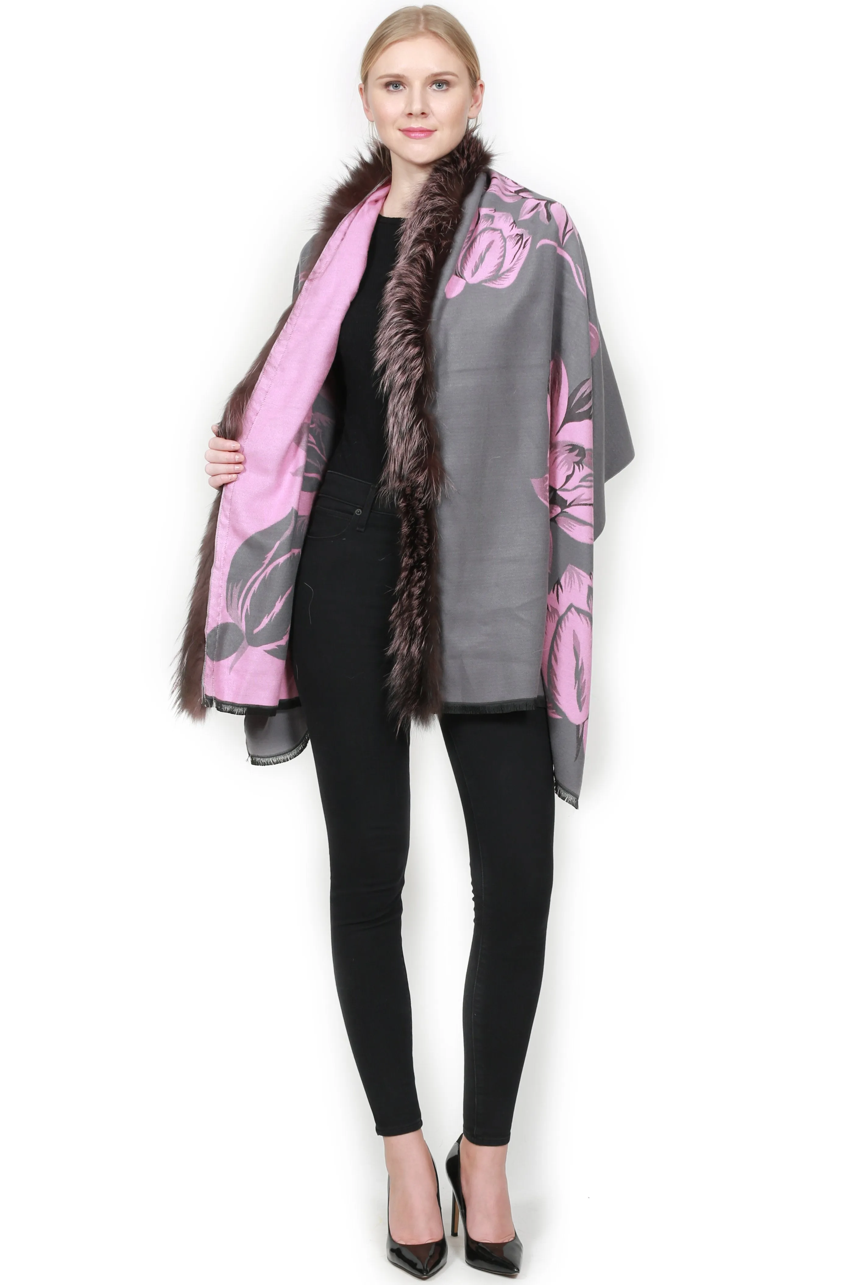 Luxurious Cashmere Wrap with Fur Trim - ADUR Printed Design
