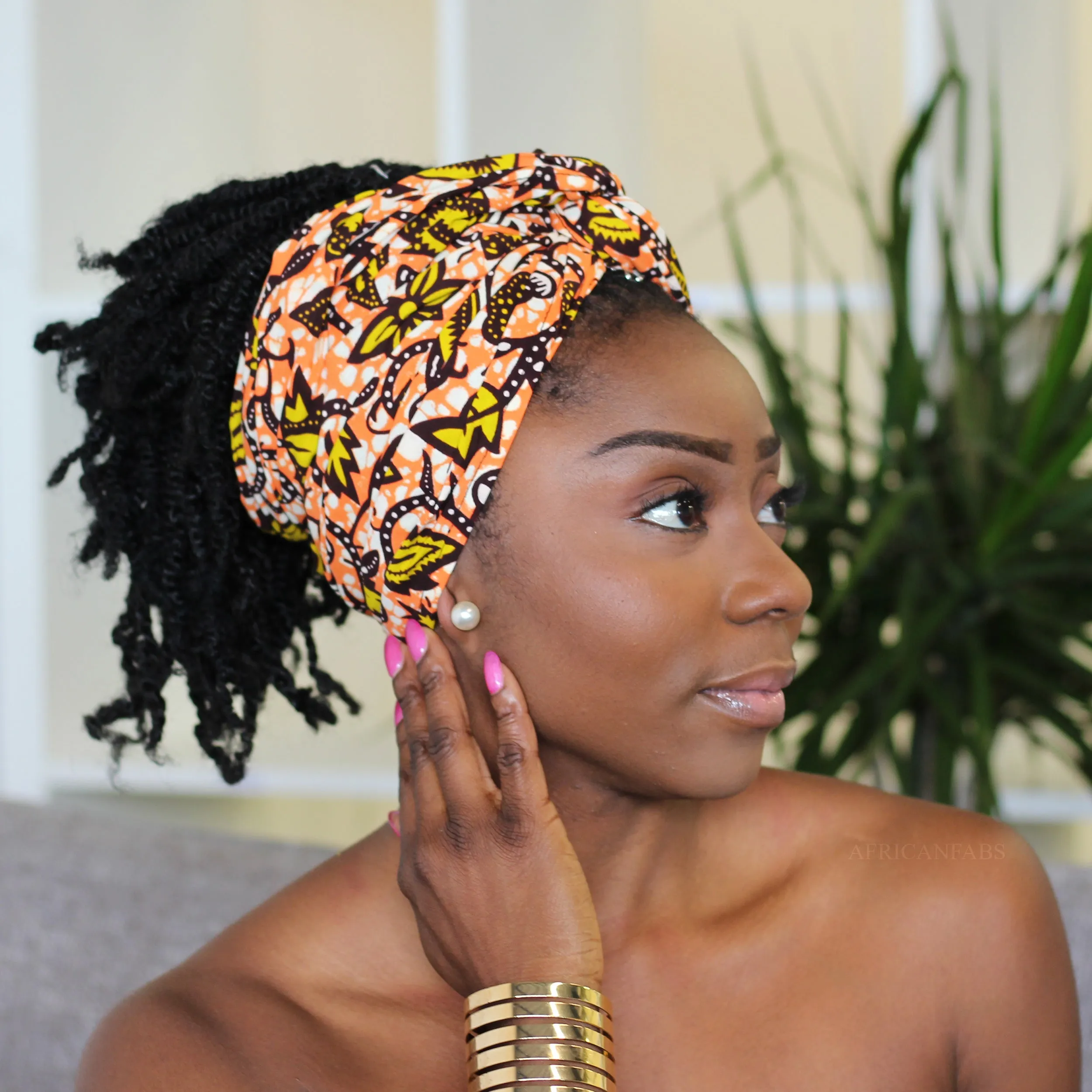 African headwrap - Orange / yellow leaf trails