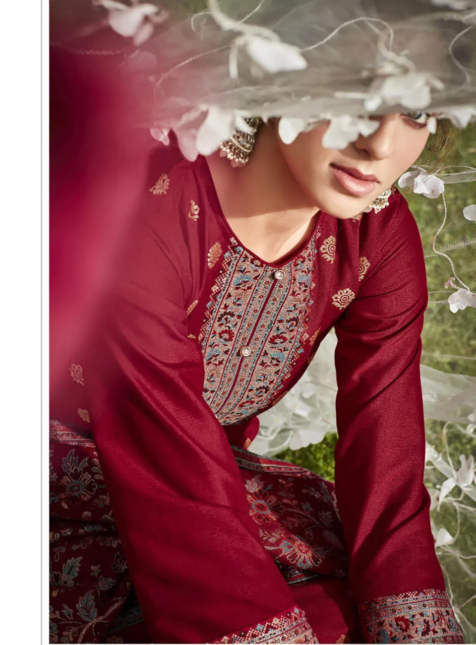 Belliza Pashmina Kaani Jacquard Red Unstitched Winter Suit for Women
