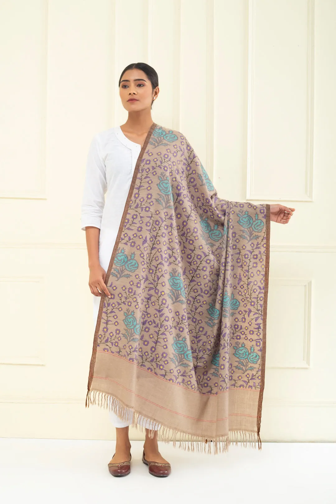 Benafsha Beaver Kani Floral Jamavar Pashmina Shawl