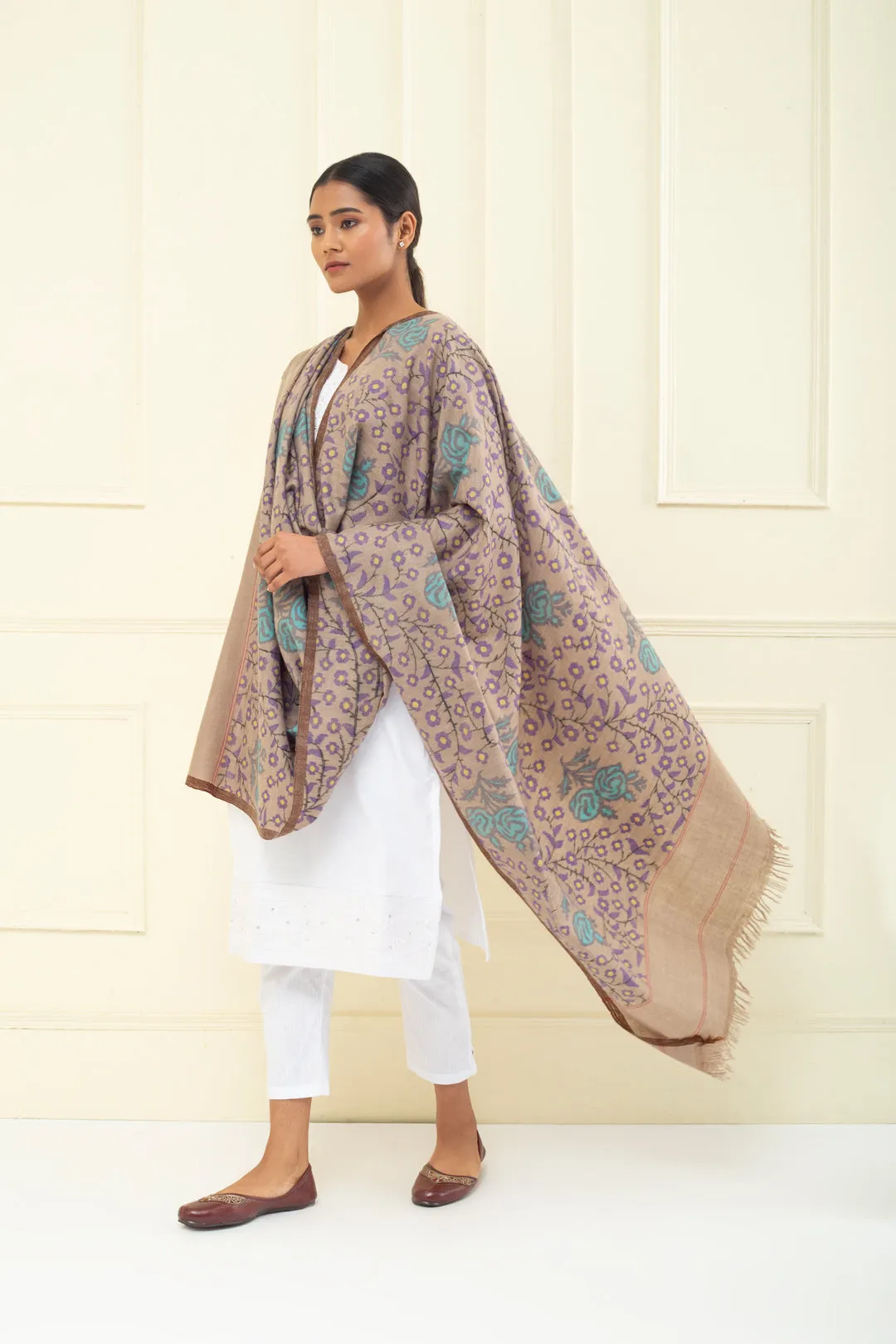 Benafsha Beaver Kani Floral Jamavar Pashmina Shawl