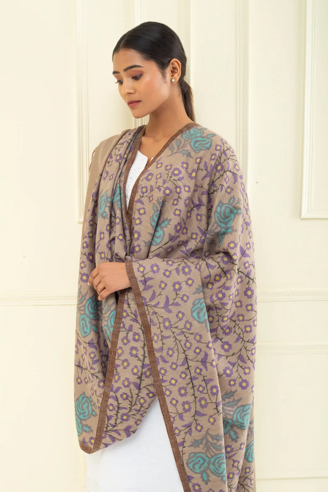 Benafsha Beaver Kani Floral Jamavar Pashmina Shawl