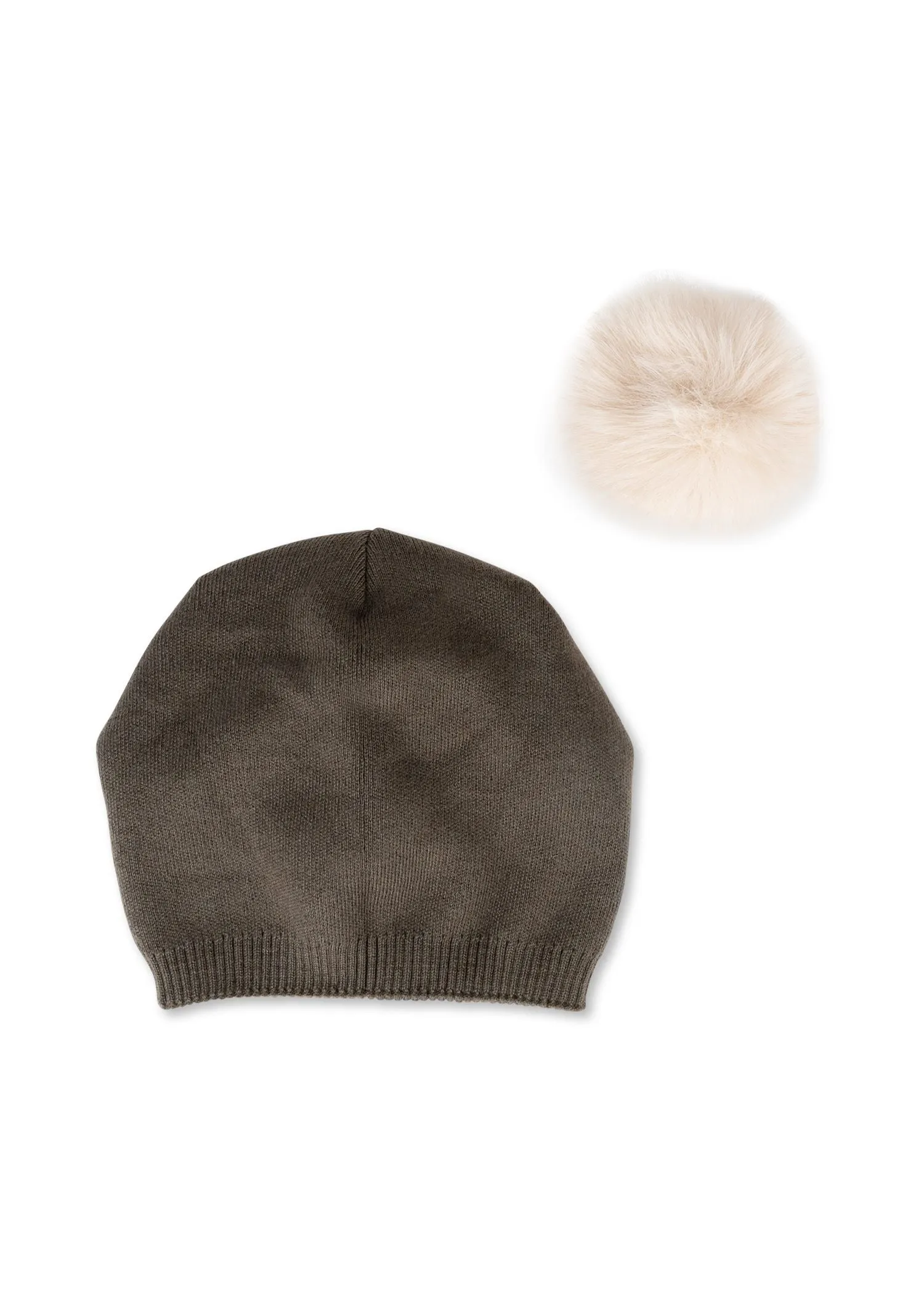 Brooklyn Beanie Army/Beige Faux Fur Pom