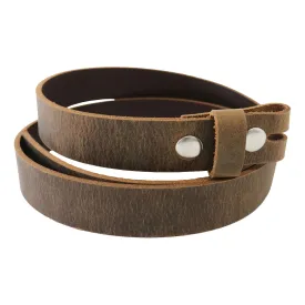 Brown Crazy Horse Buffalo Leather Belt Blank With Snaps & Matching Keeper, 48"-60"  Length, Choice of Snap Color