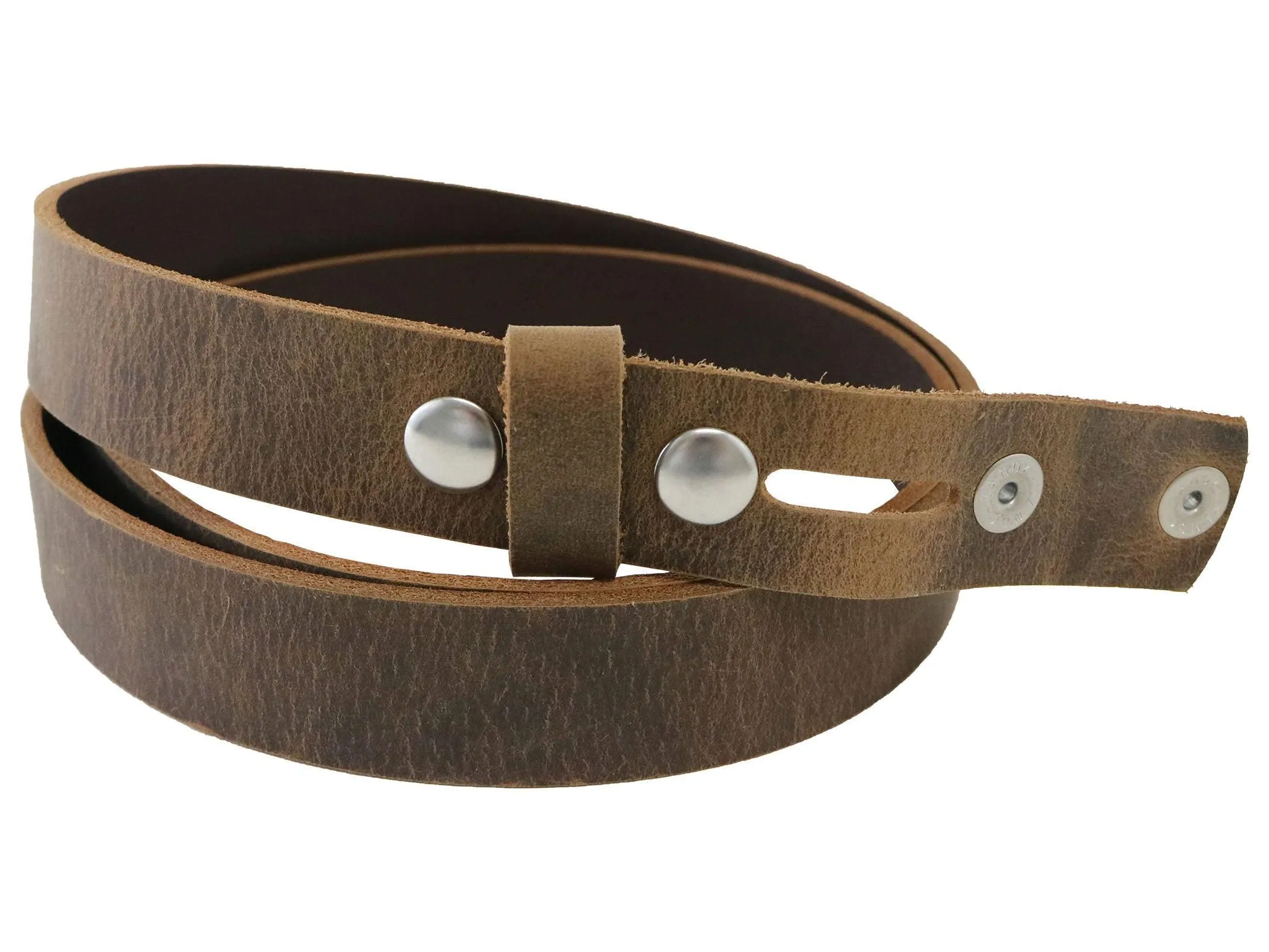 Brown Crazy Horse Buffalo Leather Belt Blank With Snaps & Matching Keeper, 48"-60"  Length, Choice of Snap Color