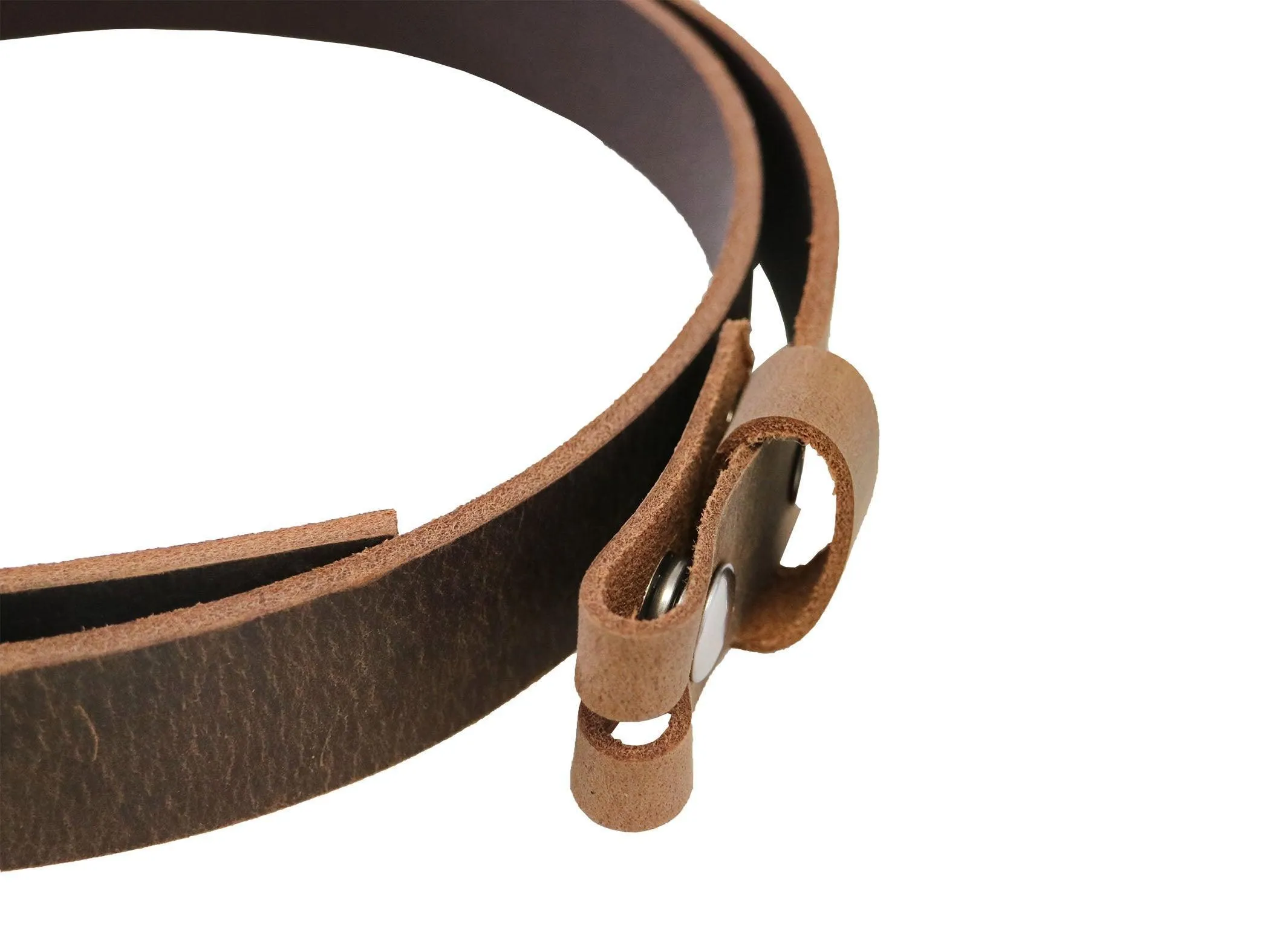 Brown Crazy Horse Buffalo Leather Belt Blank With Snaps & Matching Keeper, 48"-60"  Length, Choice of Snap Color