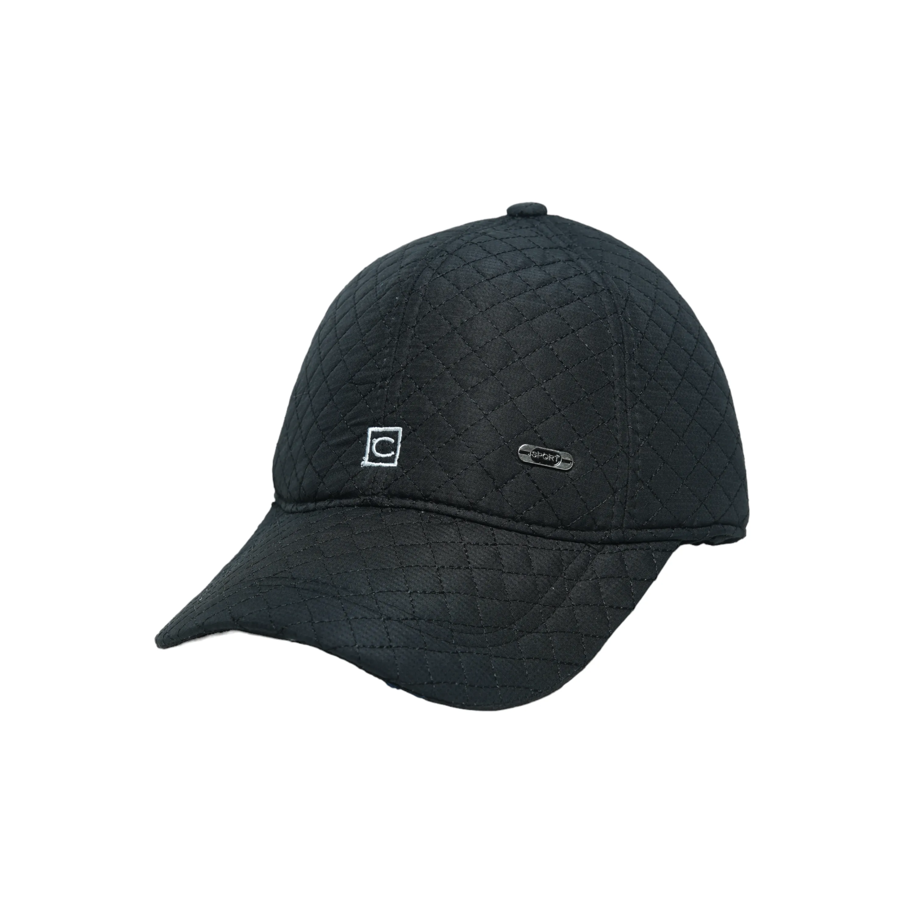 Chokore Curved Brim Diamond Check Ear Protective Baseball Cap (Solid Black)