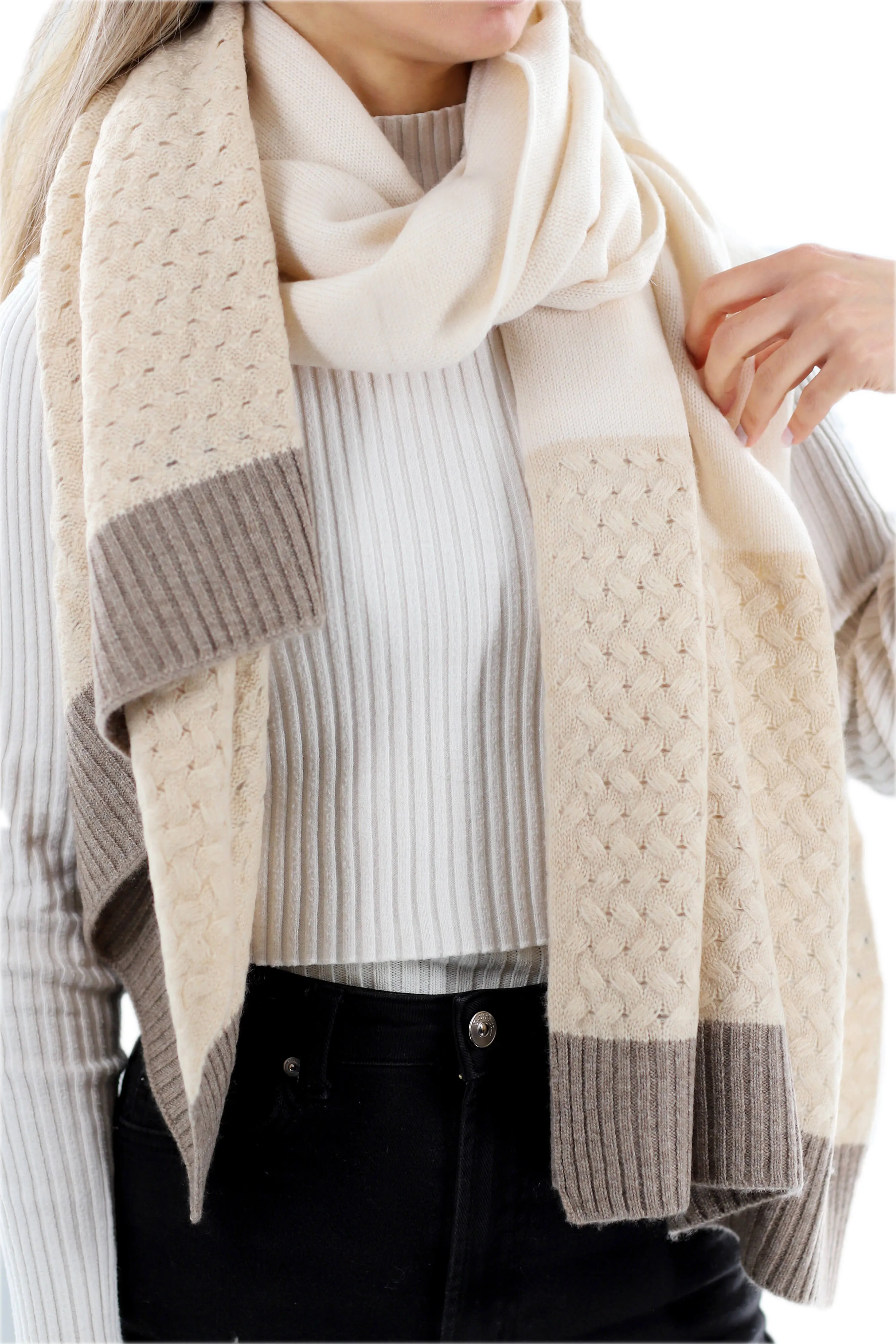 Color block Cashmere Blend Scarf - Ivory/Beige