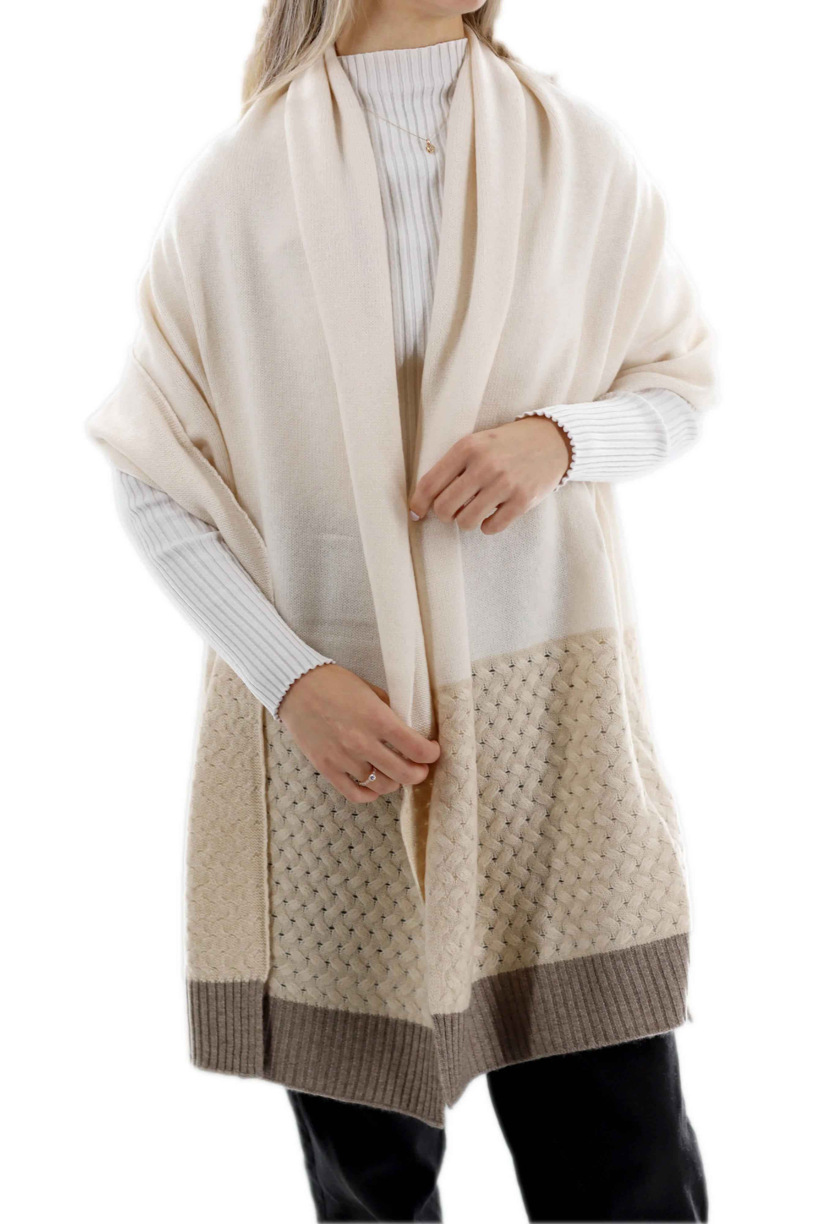 Color block Cashmere Blend Scarf - Ivory/Beige