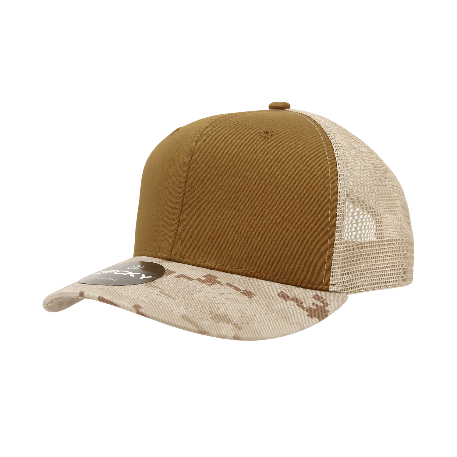 Decky 1054 Camo Curve Bill Trucker Hat, 6 Panel Camo Trucker Cap