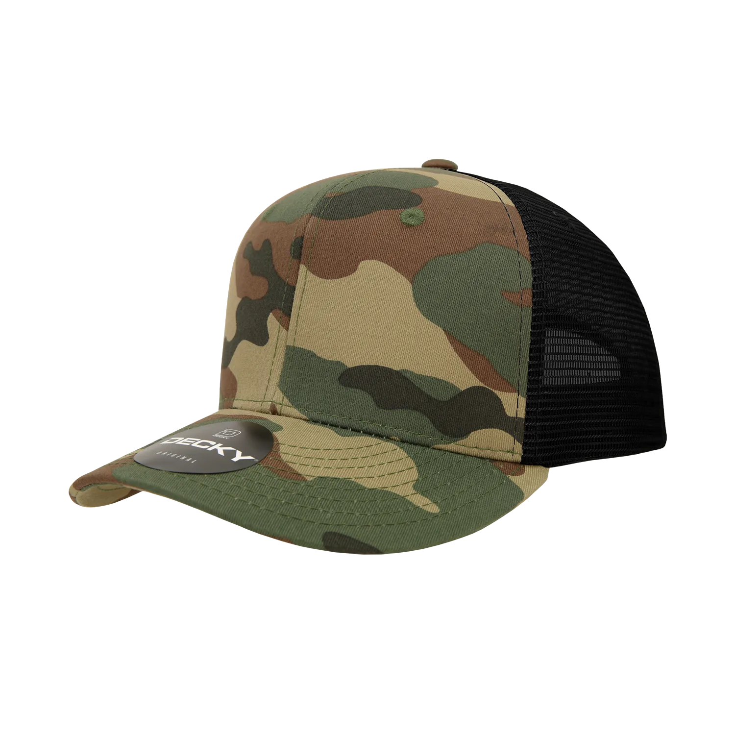 Decky 1054 Camo Curve Bill Trucker Hat, 6 Panel Camo Trucker Cap