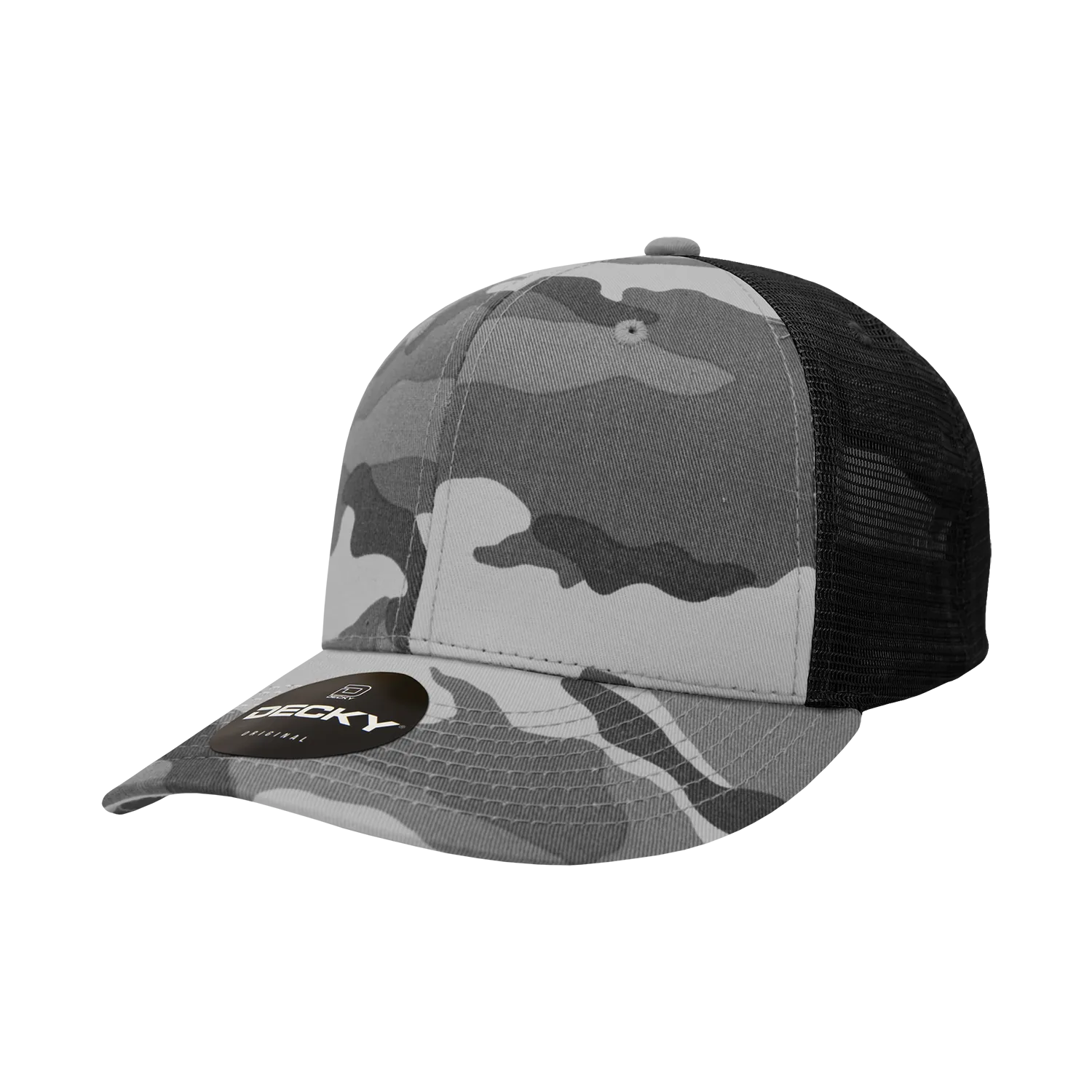 Decky 1054 Camo Curve Bill Trucker Hat, 6 Panel Camo Trucker Cap