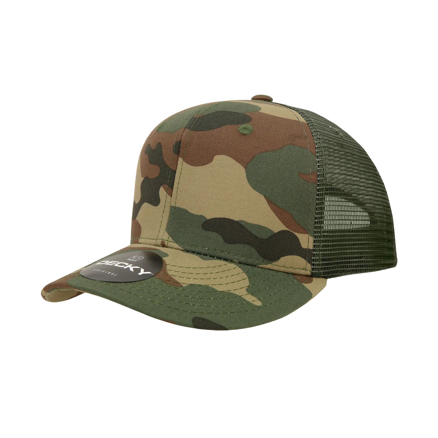 Decky 1054 Camo Curve Bill Trucker Hat, 6 Panel Camo Trucker Cap
