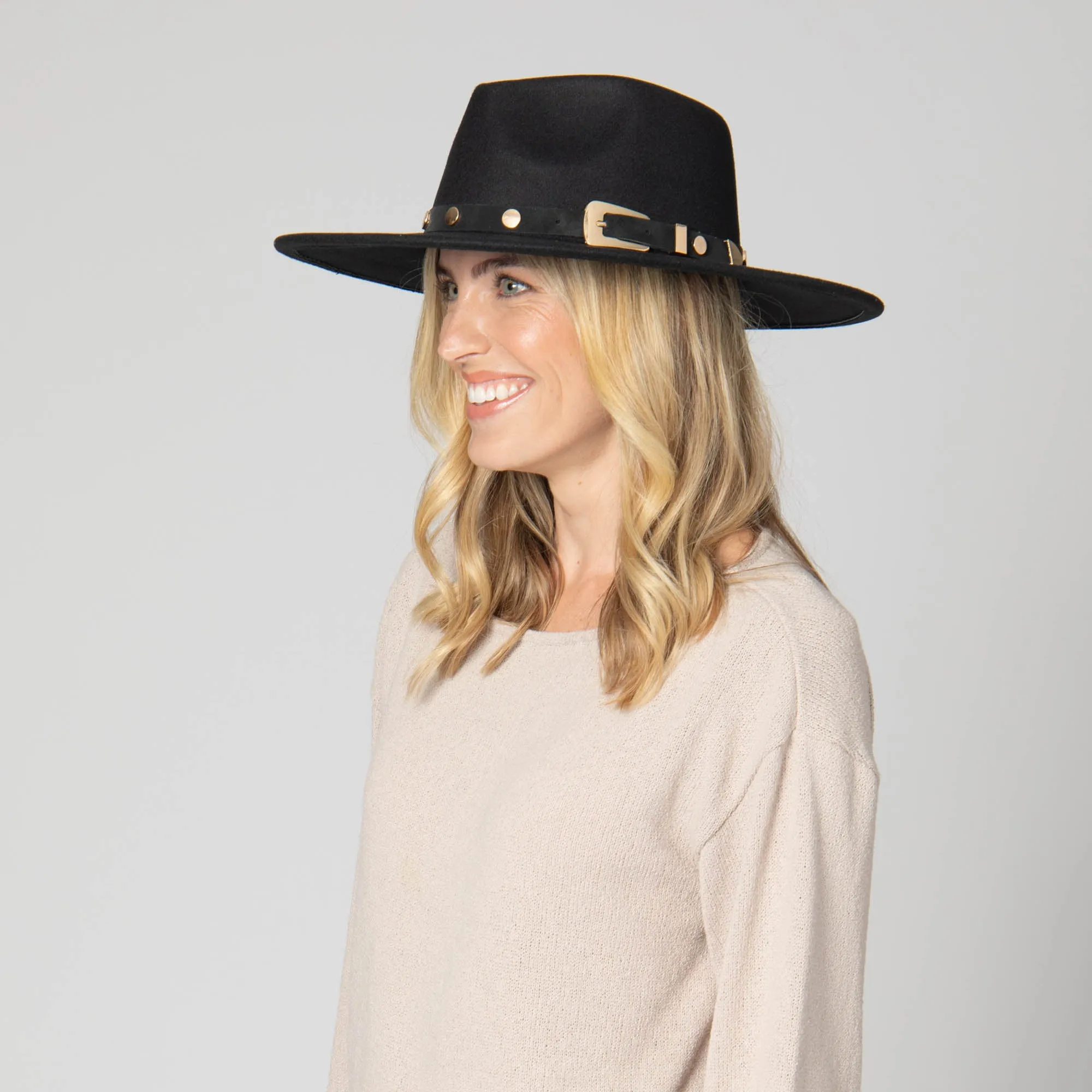 Faux Felt Fedora with Western Buckle Band