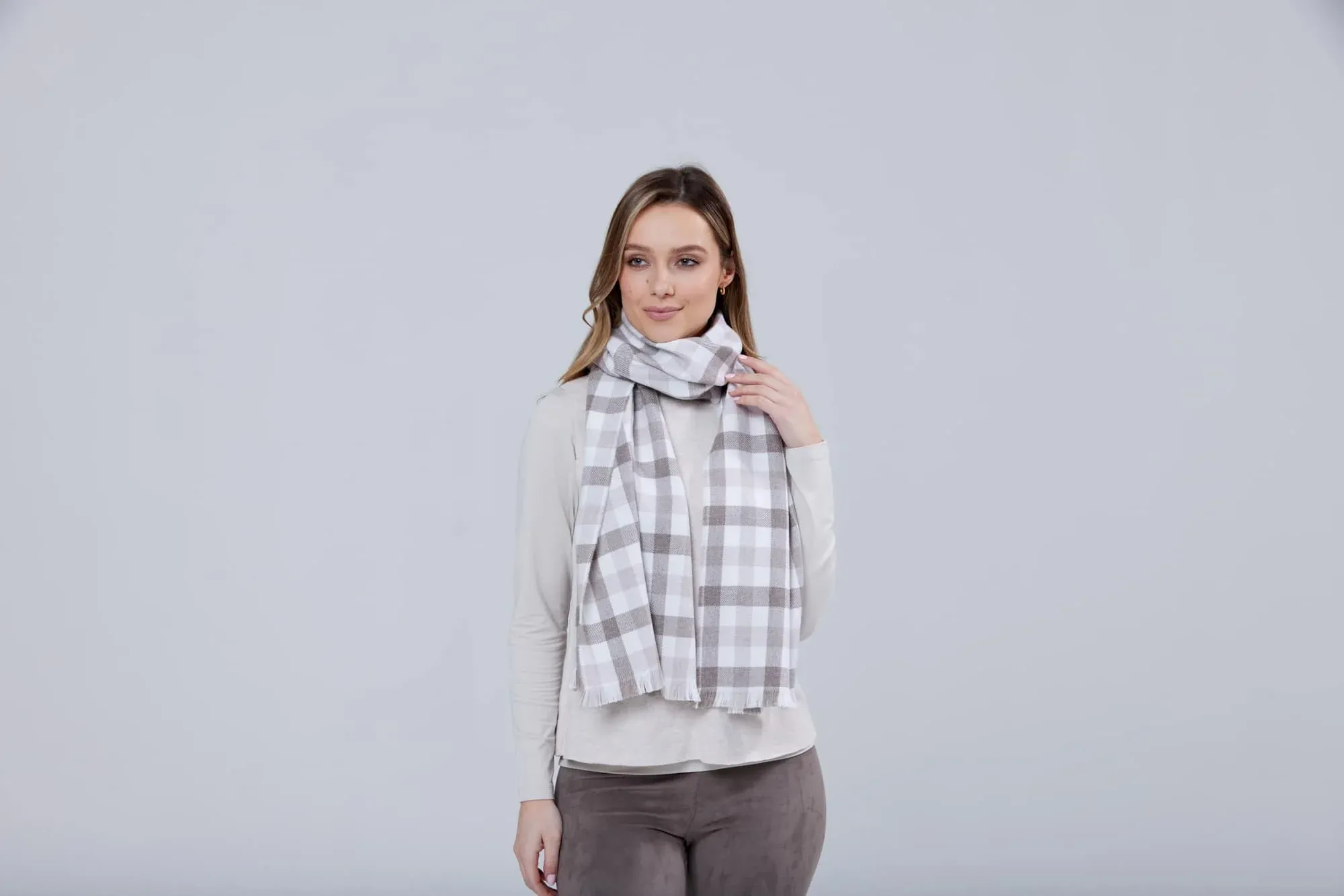 Foxford Mink Check Merino Wool Scarf