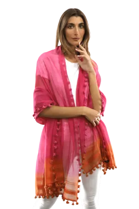 La Fiorentina Solid Silk/Cotton Blend Scarf with Fringes - Fuchsia/Peach