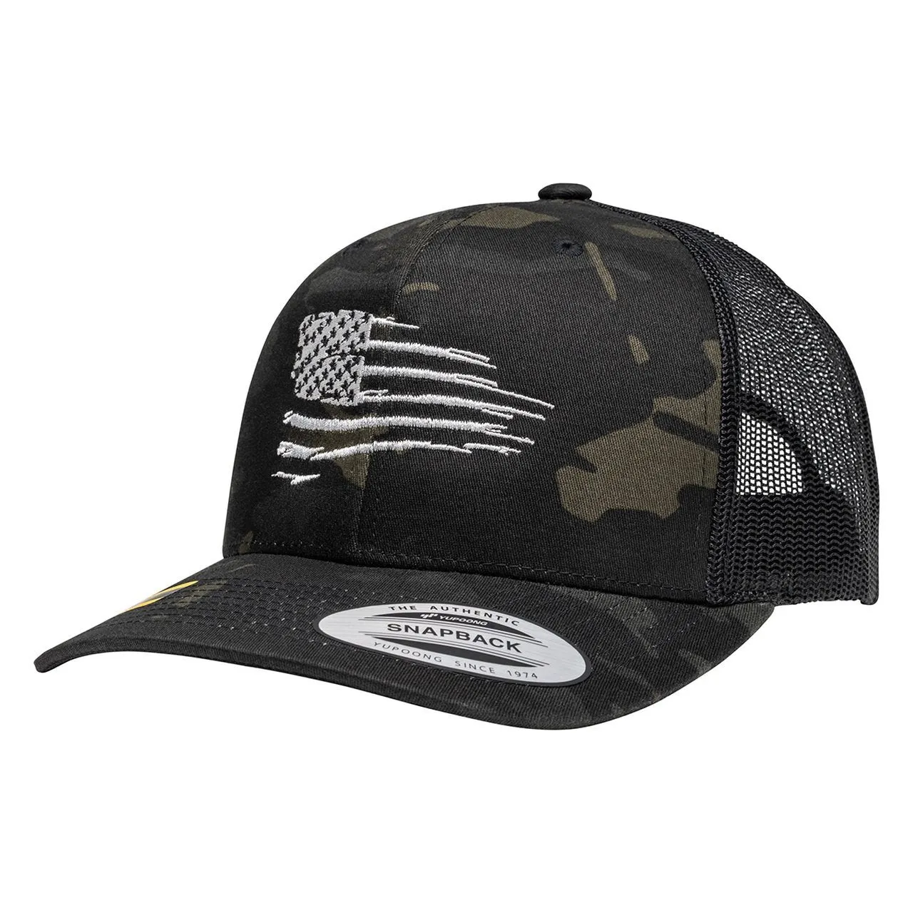 Rugged American Flag Black Multicam Snapback Trucker Hat