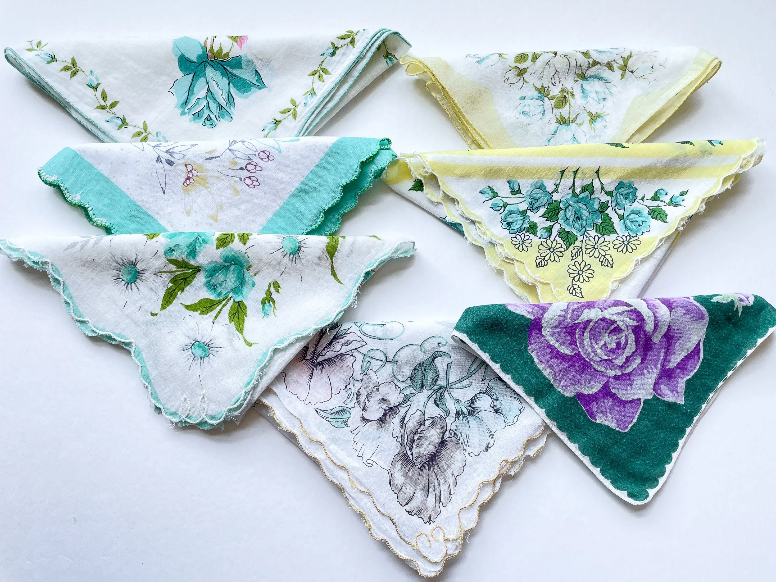 SOLD Vintage 40s/50s Hankies, Yellow/Greens/Aqua 7 Piece Lot #13