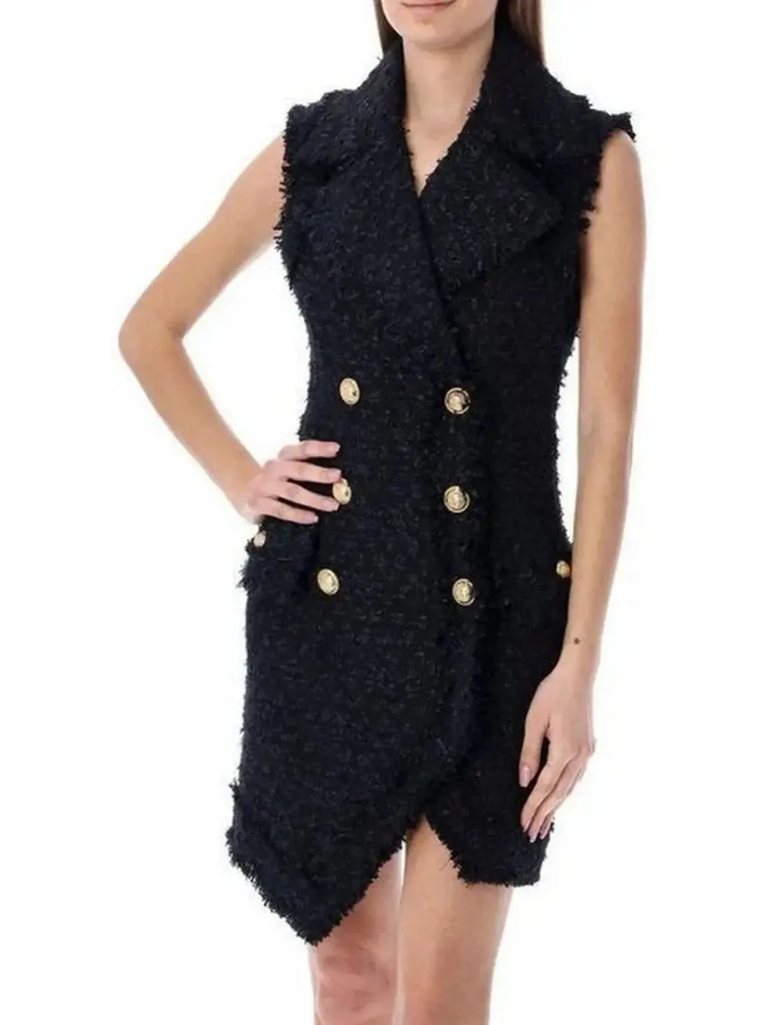 Women’s Asymmetrical Tweed Mini Dress, Black