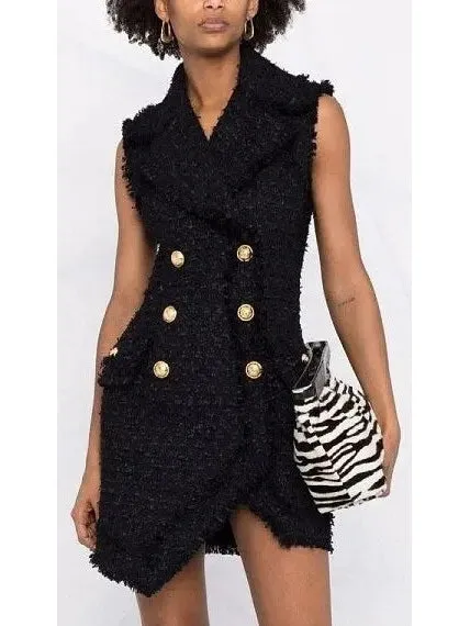 Women’s Asymmetrical Tweed Mini Dress, Black