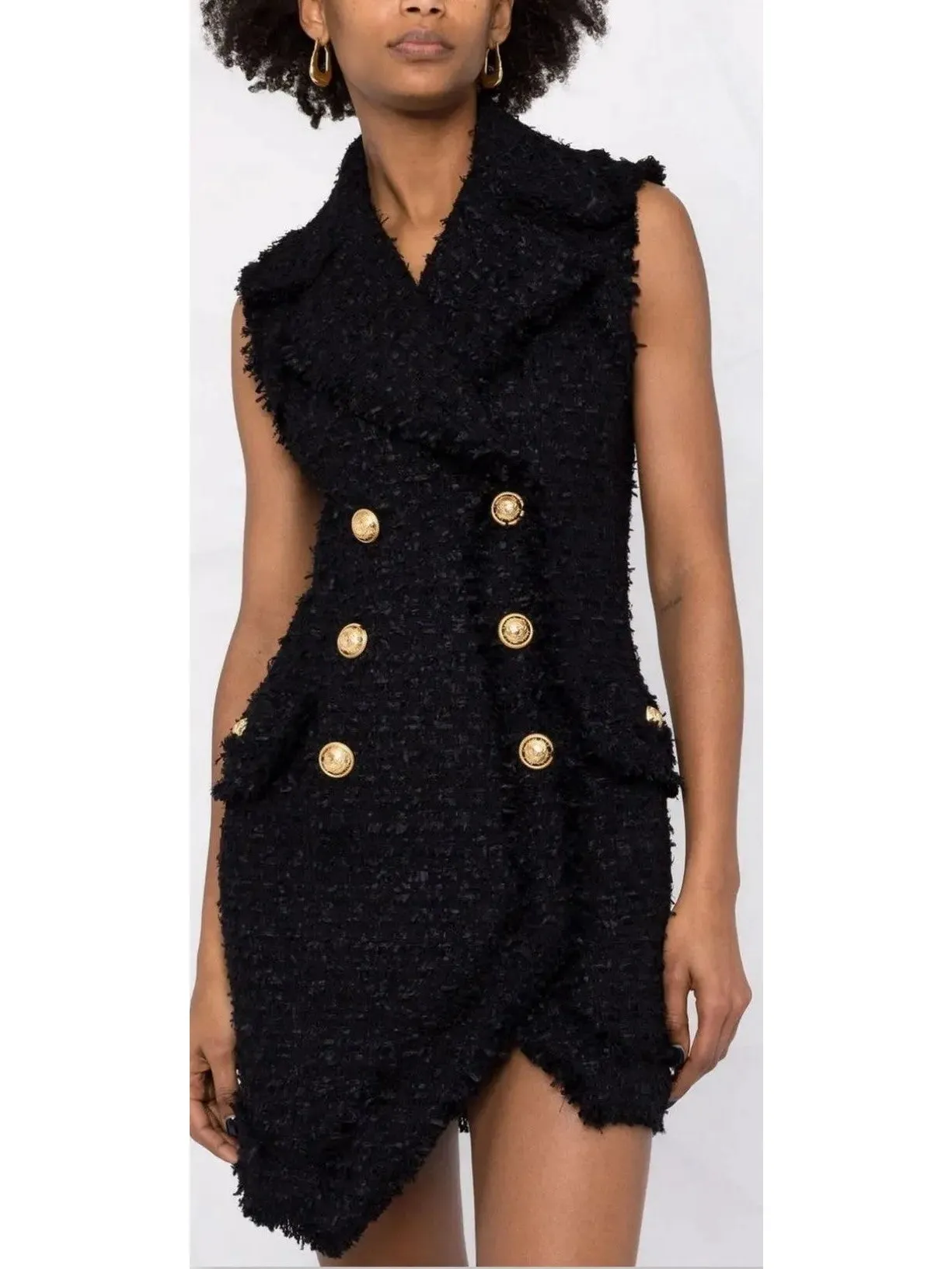 Women’s Asymmetrical Tweed Mini Dress, Black