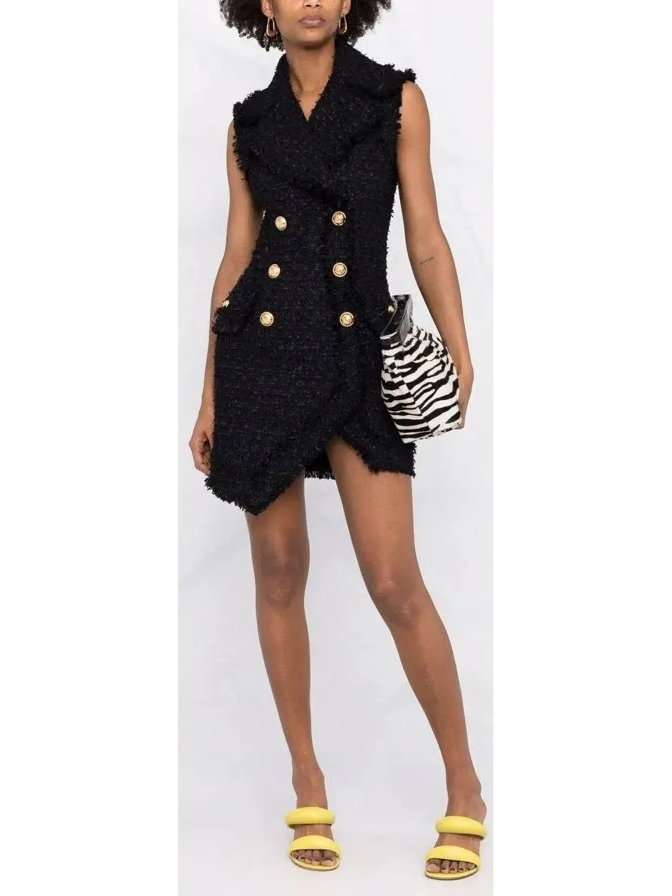 Women’s Asymmetrical Tweed Mini Dress, Black